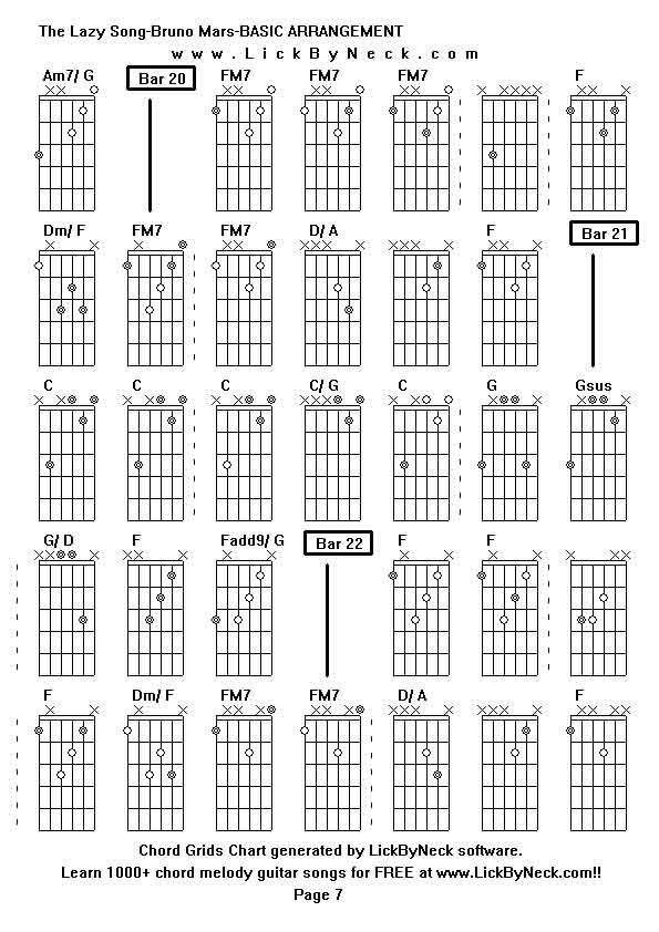 Chord Grids Chart of chord melody fingerstyle guitar song-The Lazy Song-Bruno Mars-BASIC ARRANGEMENT,generated by LickByNeck software.